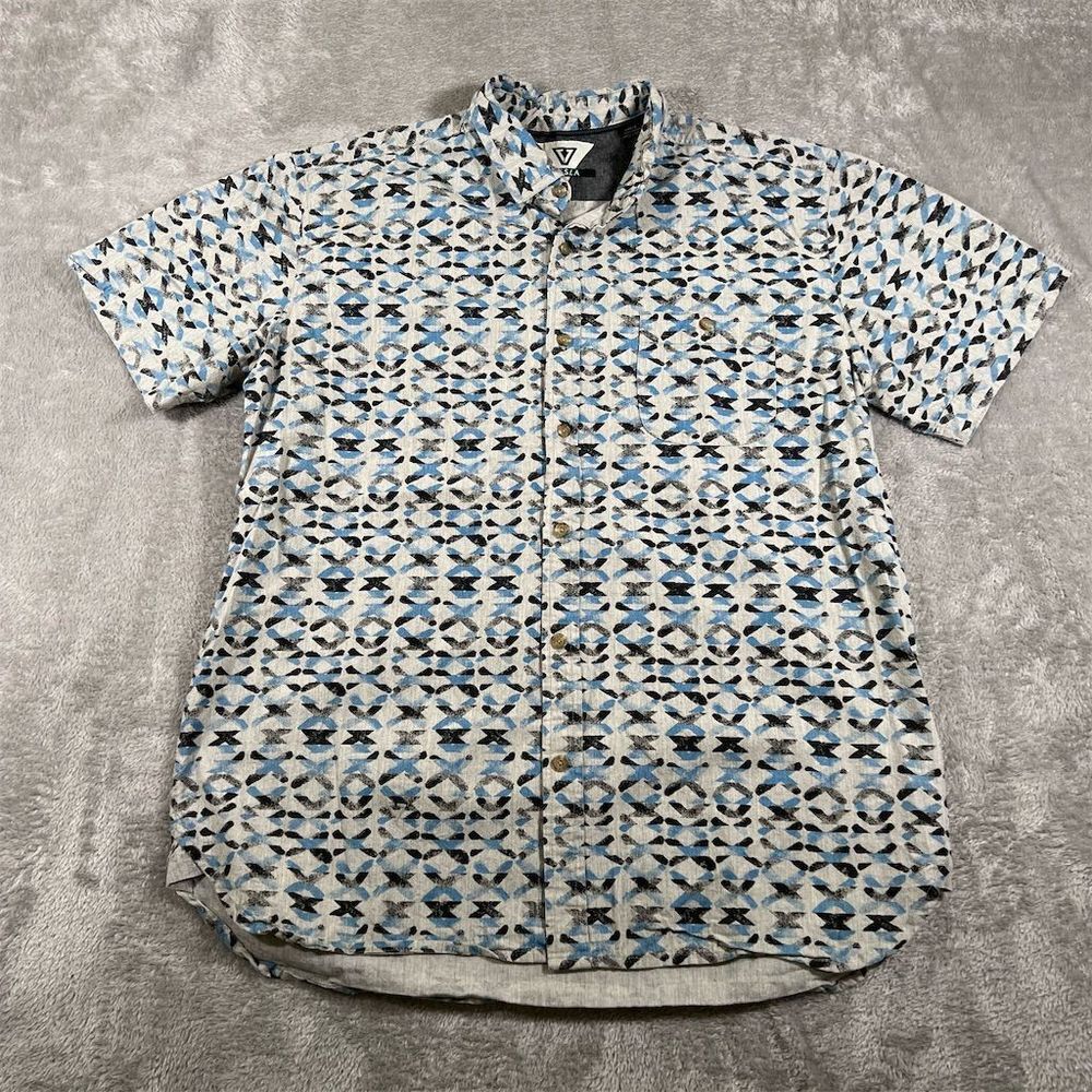 Vissla Men's Shirt Large Blue Short Sleeve Button-Up Geometric Cotton Casual
